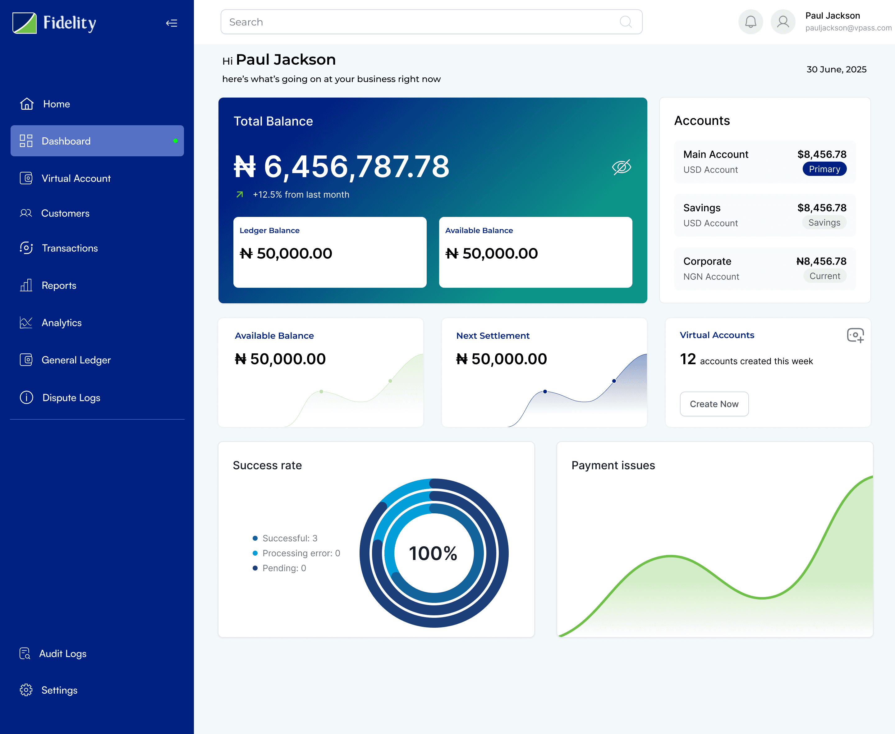 Fidelity merchant dashboard: total balance, ledger and available balance split, success-rate donut and a payment-issues chart.