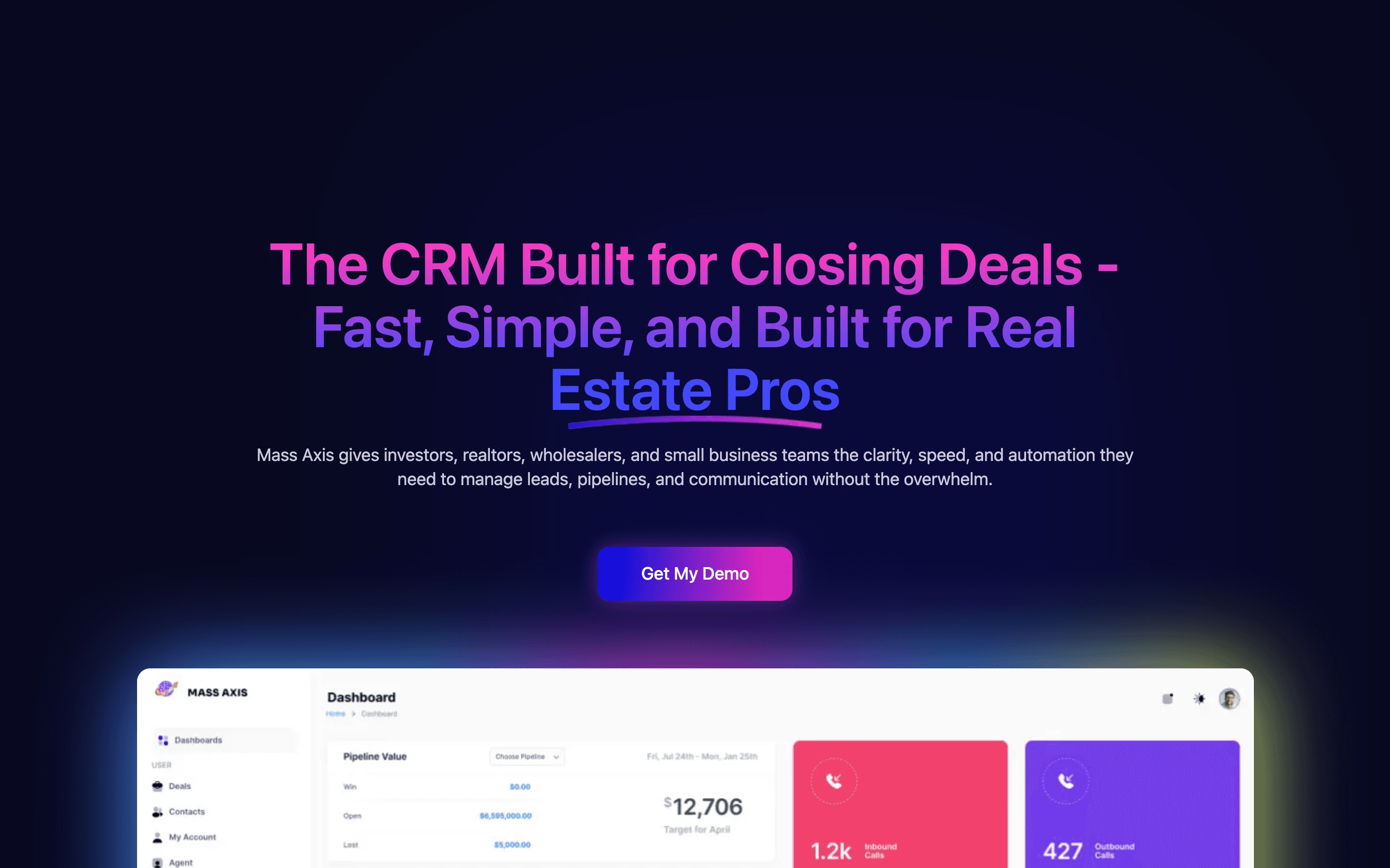 Mass Axis CRM landing page.